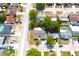 An aerial view showcases a property with a swimming pool and well-maintained landscaping in a residential neighborhood at 9200 Lunar Ln, Port Richey, FL 34668