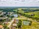 An aerial view shows a home bordering a pond and a large green field, situated in a quiet neighborhood at 2255 Long View Cir, Brooksville, FL 34604