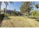 A spacious backyard featuring a black fence, manicured lawn, and mature trees at 10645 Garda Dr, Trinity, FL 34655