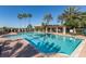 Resort-style community pool with lounge chairs and umbrellas surrounded by palm trees, perfect for relaxation and leisure at 10645 Garda Dr, Trinity, FL 34655