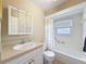 Well-lit bathroom with tub-shower combo and a white vanity with countertop sink at 11821 Boynton Ln, New Port Richey, FL 34654