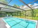 Inviting pool with a screened enclosure, featuring a relaxing seating area with views of the lush green landscape at 13003 Sandburst Ln, Hudson, FL 34667