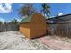 Outdoor storage shed with a green roof and double doors with a privacy fence nearby at 1402 Tallahassee Dr, Tarpon Springs, FL 34689