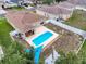 Aerial view featuring the backyard pool, covered patio and fenced yard at 15205 Durango Cir, Brooksville, FL 34604