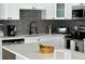 Bright kitchen featuring white cabinets, stainless steel appliances, gray backsplash and fruit basket on counter at 3315 W Saint John St, Tampa, FL 33607