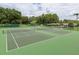 Overhead view of community tennis courts surrounded by lush greenery and secure fencing at 4837 Boonesboro Ct, New Port Richey, FL 34655