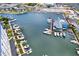 Stunning aerial view of a marina showcasing multiple docks with boats, a waterfront restaurant, and parking area at 4939 Floramar Ter # 204, New Port Richey, FL 34652