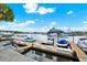 Picturesque marina view with boats docked on a sunny day, featuring a waterfront restaurant and clear blue skies at 4939 Floramar Ter # 204, New Port Richey, FL 34652