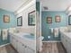 Bathroom featuring dual sinks, updated fixtures, and a separated shower area at 8021 Wildflower Row, Hudson, FL 34667