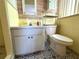 Charming bathroom featuring patterned floors, a classic vanity, and a well-lit interior at 10431 Syringa Ct, Port Richey, FL 34668