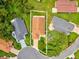 Aerial view of a home in a well-maintained neighborhood with mature trees and manicured lawns at 11350 Copley Ct, Spring Hill, FL 34609