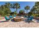 Outdoor firepit with stone surround and seating, surrounded by lush landscaping and palm trees at 11611 Callisia Dr, Odessa, FL 33556