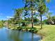 Image shows a serene view of a pond, surrounded by trees and lush greenery, offering a peaceful setting at 11911 Bayonet Ln, New Port Richey, FL 34654