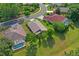 Overhead shot of a charming house with mature landscaping, showcasing backyard, and lush greenery at 12071 Wexford Blvd, Spring Hill, FL 34609
