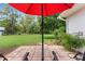 Paver patio with a red umbrella and a view of the expansive backyard at 1253 Culbreath Rd, Brooksville, FL 34602