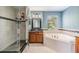 Bright bathroom featuring a soaking tub, glass enclosed shower, and wood vanity at 1418 Halapa Way, Trinity, FL 34655