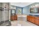 Large main bathroom featuring a walk-in shower, soaking tub, and double vanity at 1418 Halapa Way, Trinity, FL 34655