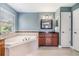 Bright main bathroom featuring a soaking tub, vanity, and natural light at 1418 Halapa Way, Trinity, FL 34655