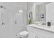 Modern bathroom featuring a glass-enclosed shower, sleek fixtures, and contemporary design at 3767 Dragonfly Trl, Odessa, FL 33556