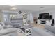 Inviting living room with a large TV, sliding barn door, and stylish coastal decor at 4917 Marlin Dr, New Port Richey, FL 34652