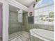 A spacious main bathroom featuring a shower, a separate tub, and a large window at 6028 Dorset Rd, Spring Hill, FL 34608