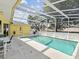 Inviting screened-in pool area with patio, lush landscaping and table at 6028 Dorset Rd, Spring Hill, FL 34608