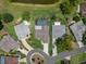 Overhead view of a home with a private pool, manicured lawn, and cul-de-sac location at 7175 Bottle Brush Dr, Spring Hill, FL 34606