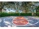 Outdoor basketball court surrounded by green hedges and mature trees, great for a fun neighborhood game at 9933 Milano Dr, Trinity, FL 34655