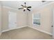 Inviting bedroom featuring neutral walls, carpet flooring, a ceiling fan, and a window for natural light at 9933 Milano Dr, Trinity, FL 34655