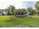 Beautiful backyard with lush green grass, palm trees, and manicured landscaping. The screened-in lanai is charming at 1105 Flora Vista St, New Port Richey, FL 34655
