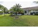 Expansive backyard featuring vibrant green grass, lush landscaping, and tropical palm trees at 1105 Flora Vista St, New Port Richey, FL 34655