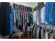 Organized walk-in closet featuring hanging rods and shelves for shoes and accessories at 12750 Tikal Way, Trinity, FL 34655