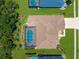 Overhead view of home with screened-in pool, surrounded by lush landscaping and neighboring properties at 13155 Cori Loop, Spring Hill, FL 34609