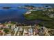 Breathtaking aerial view of waterfront homes with lush landscaping along the serene bay at 1620 Sea Breeze Dr, Tarpon Springs, FL 34689