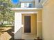 Inviting entryway features a covered porch with a classic, dark wood front door at 19551 Timberbluff Dr, Land O Lakes, FL 34638