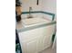 Utility sink with teal tile and white cabinets offers practicality for cleaning tasks at 20960 Little Magens Loop, Lutz, FL 33558