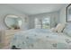 Light-filled bedroom features carpet, a window, a queen-sized bed with blue and white bedding at 6508 Tina Dr # 14, New Port Richey, FL 34653
