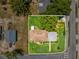 An aerial view showcases this home's lush, green lawn, mature trees, and landscaping at 6823 Oak Hill Dr, New Port Richey, FL 34653
