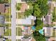 Aerial of neighborhood with view of landscaping, adjacent homes, and surrounding streets at 7979 Avenal Loop, New Port Richey, FL 34655