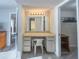 Bathroom vanity area with ample lighting, a large mirror, and built in storage and closet nearby at 8211 Brent St # 836, Port Richey, FL 34668