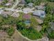 Beautiful aerial view highlighting the home's pool, and surrounding serene neighborhood in a tree-lined community at 9019 Flagstick Ln, Hudson, FL 34667
