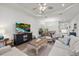 Bright living room featuring a fireplace, wood floors, and a view into the dining area at 11398 Juglans Dr, Odessa, FL 33556