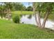 Serene pond with lush green surroundings, creating a peaceful backyard setting at 11398 Juglans Dr, Odessa, FL 33556