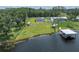 Lakefront living is epitomized by this aerial view showing the home and private boat dock at 18102 Spencer Rd, Odessa, FL 33556