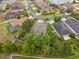 An aerial view shows the backyard firepit area and screened-in patio at 3243 Stonegate Falls Dr, Land O Lakes, FL 34638