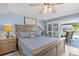 Comfortable bedroom with a ceiling fan, sliding glass doors, and an ocean view at 4387 6Th Isle Dr, Hernando Beach, FL 34607