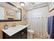 Cozy bathroom featuring a vanity with sink, toilet, and shower with curtain at 5330 Dove Dr, New Port Richey, FL 34652