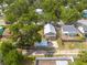 An aerial view showcasing this home's roof, yard, detached garage, and a lush surrounding neighborhood at 6207 Main St, New Port Richey, FL 34653
