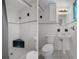 A bathroom featuring tiled walls, a toilet, pedestal sink, and shower stall at 7735 Farmlawn Dr, Port Richey, FL 34668