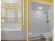 A bright bathroom featuring a white tub near a bay window and a white tiled shower at 8382 Christopher Ln, Weeki Wachee, FL 34613